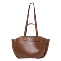 Brown large capacity leather tote bag with white contrast stitching for daily commute - Brown