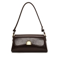 Vintage dark brown leather baguette bag with shiny finish and golden metal buckle clasp - Brown