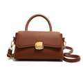 Classic brown litchi pattern leather crossbody square bag with gold metal buckle - Brown
