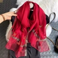 Elegant red semi-transparent women scarf featuring butterfly embroidery and gold trim - Butterfly Embroidery Red