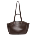 Dark brown faux leather tote bag with white contrast stitching and double handles - Brown