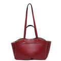 Red faux leather tote bag with stylish white contrast stitching and double shoulder straps - Red