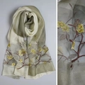 Green and white gradient silk blend scarf with delicate floral embroidery for women - Gradient Floral Embroidery Green