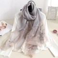 Elegant color-block long scarf with grey silk and pink floral embroidery finish - Patchwork Embroidery Gray