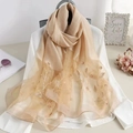 Champagne gold silk blend scarf featuring exquisite sequin floral embroidery and light sheen - Sequin Floral Embroidery Beige