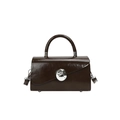 Structured dark chocolate glossy leather handbag with large silver circular buckle - Coffee