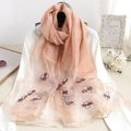 Silk blend scarf in peach pink with floral embroidery and contrasting light mesh design - Butterfly Embroidery Pink