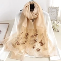 Elegant champagne silk blend scarf with four-leaf clover embroidery and pearls - Clover Embroidery Beige