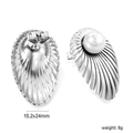 Detailed view of silver shell-textured earrings with pearls showing 15.2x24mm dimensions - Radial Shell Texture Style (EA5A580AS)