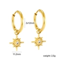 Golden stainless steel hoop earrings featuring sunburst charms with round zircon stones - Clear Zircon Style (EA5A741AG)
