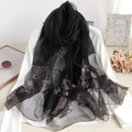 Elegant black sheer silk blend scarf with butterfly embroidery and shimmering gold edges - Butterfly Embroidery Black