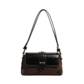 Bolso de hombro retro baguette en lana marrón y ribete de cuero negro - Negro y Marrón