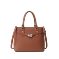 Brown pebbled leather tote bag with silver lock detail and adjustable shoulder strap - Brown