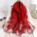 Elegant red silk blend scarf with floral embroidery and sparkling silver edges - Floral Embroidery Red