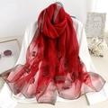 Elegant deep red silk blend scarf featuring floral embroidery and metallic edges - Floral Embroidery Gold Edge Red