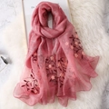 Elegant pink silk blend scarf with premium 3D floral embroidery in a flat lay style - Floral Embroidery Dark Pink