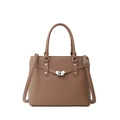 Brown lychee leather tote bag with silver turn-lock and adjustable shoulder strap - Khaki