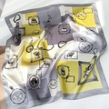 Detail of silk square scarf featuring retro fashion prints and smooth satin texture - Yellow Gray (Illustrations)