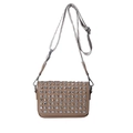 Chic beige crossbody square bag with silver studs, rhinestones and striped wide strap - Khaki