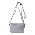Silver crossbody bag with studded embellishments and wide wavy pattern shoulder strap - Silver
