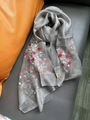 Gray long scarf with red floral embroidery made of 40% silk and 60% wool blend fabric - Floral Embroidery Gray