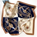 Detail of vintage chain print on silk square scarf with navy and beige colors - Khaki Border Style