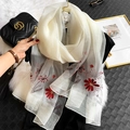 Elegant beige silk blend scarf featuring exquisite red daisy floral embroidery patterns - Daisy Embroidery Milky White