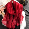 Deep red silk blend scarf with sunflower floral embroidery on semi-transparent fabric - Sunflower Embroidery Red