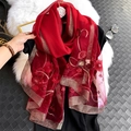 Elegant red semi-sheer scarf with floral embroidery and golden metallic thread trim - Floral Embroidery Red
