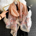 Champagne silk blend shawl with delicate pink floral embroidery and golden trim accents - Floral Embroidery Pink