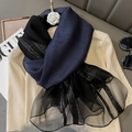 Navy blue glitter striped scarf with black organza ruffles and camellia detail - Ruffle Patchwork Navy Blue