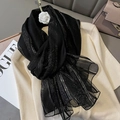 Black silk-blend scarf with silver metallic stripes and pleated edge detailing - Pleated Patchwork Black