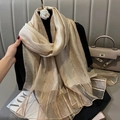 Elegant champagne gold metallic stripe scarf with white camellia flower on a mannequin - Gold Thread Stripe Pink