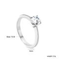 Bague en acier inoxydable avec pierre zircon de 6mm, vue sous un angle de 45 degrés - US 7 / Style Rond Classique à 4 Griffes (RI158107-9S)
