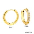 Gold plated stainless steel hoop earrings with 5 cubic zirconia stones and 12mm diameter - Gold White Zirconia Style (EA33050AG)