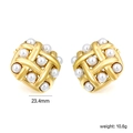 Gouden geometrische geweven oorknopjes met witte parels, 23,4mm breed en 10,6g gewicht - Geometrische Geweven Parel Vierkante Stijl (EA5A400AG) / Goud