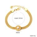Detailansicht eines goldfarbenen Mesh-Armbands mit Maßangaben zu Länge, Gewicht und Perle - Sonnenblumen-Perlenarmband (BR27690AG)