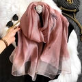 Pink silk blend scarf with black palm tree embroidery and sheer lightweight texture - Coconut Tree Embroidery Pink