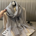 Silver-grey silk blend long scarf featuring metallic stripes and a white camellia brooch - Shimmer Stripe Gray Blue