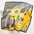 Detail of yellow and gray printed silk scarf with floral landscape patterns on white shirt - Yellow (ZS-161) / 55x55cm