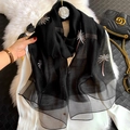 Lightweight black silk blend scarf featuring silver embroidered palm tree patterns - Palm Tree Embroidery Black