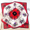 Red and white silk square scarf featuring vintage horse carriage and chain patterns - Red Carriage Print
