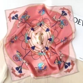 Pink silk square scarf with vintage carriage print and gold chain patterns - Pink Carriage Print
