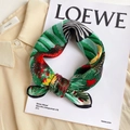 Mulberry silk square scarf featuring green tropical leaves and zebra print knotted style - 53x53cm / Green Botanical (ZS-98)