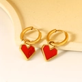 Sweet red heart charm earrings with golden beaded edges in polished stainless steel - Red Heart Hoop (XKE0153)