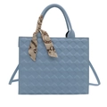 Light blue quilted square handbag with decorative silk scarf and detachable shoulder strap - Blue