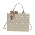 Off-white large capacity crossbody bag with geometric lattice texture and silk scarf handle - Pearl White
