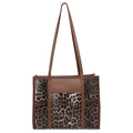 Stilvolle Leopard-Tragetasche mit braunem Lederbesatz und geräumigem Trapez-Design - Braun