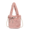 Pink faux mink fur bucket bag with pearl strap and satin ribbon bow detailing - Pink