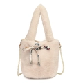 Plush faux fur bucket bag in cream white with decorative pearl strap and silk bow - Off White